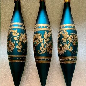 3 Gorgeous Vintage Glass Teal & Gold Jewel Tear Drop Icicle Christmas Ornaments